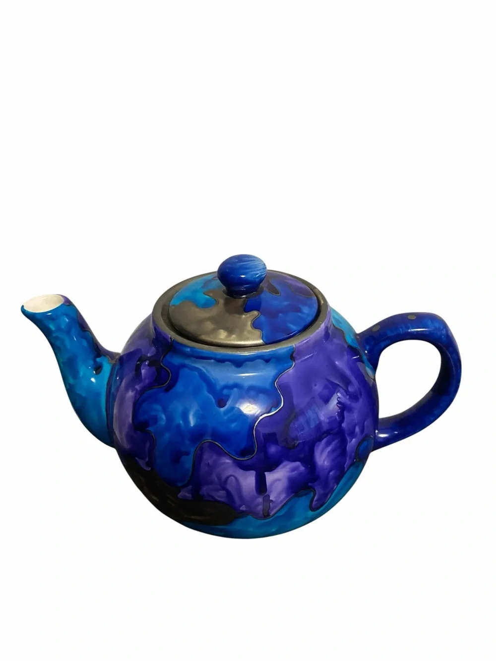 Julie Tougas Studio Pottery Teapot Abstract Blue Purple Silver Hand Painted